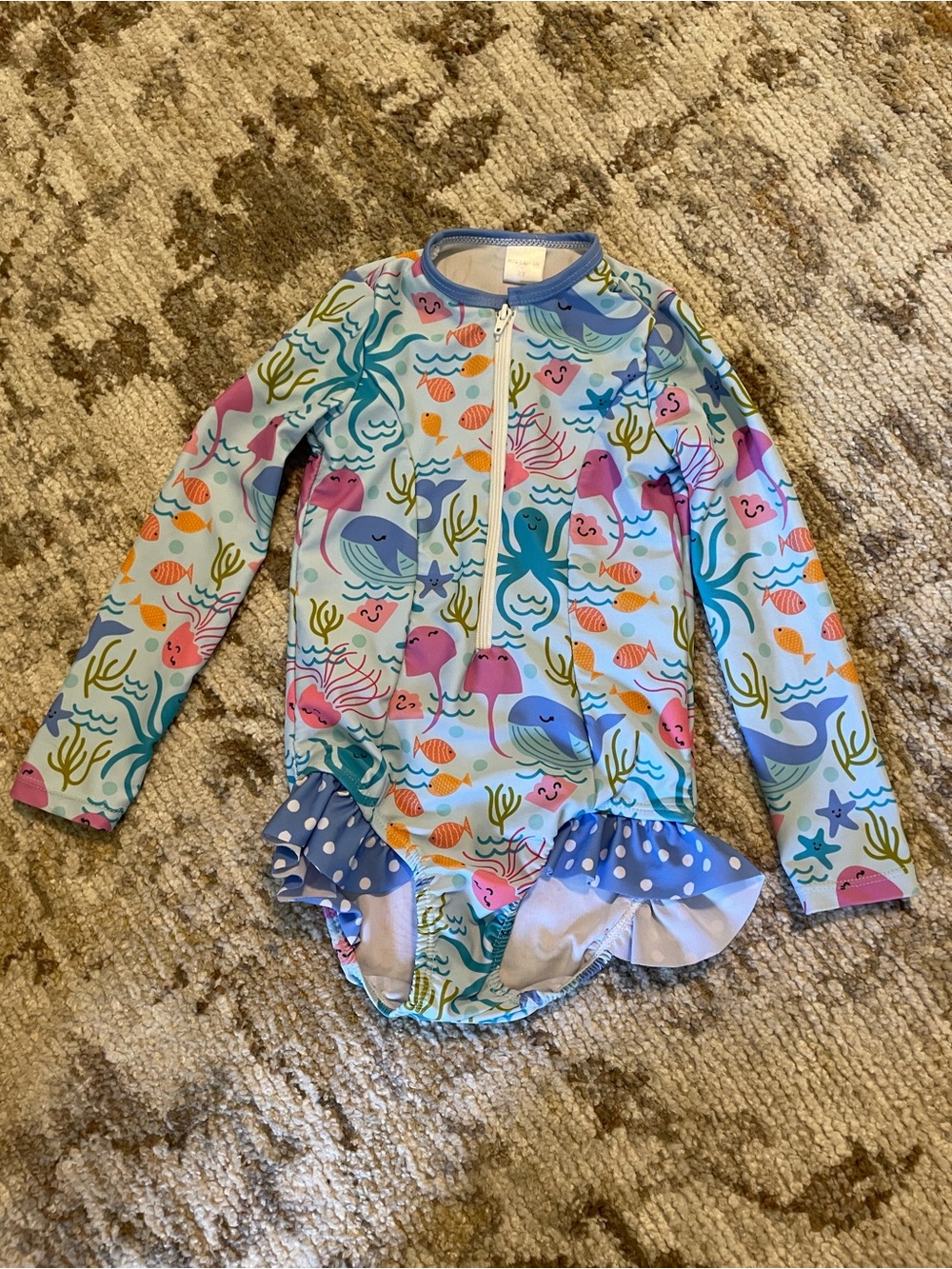 Girls' Long-Sleeve One-Piece Swim Suit - Sea Life Print (Blue/Pink)
